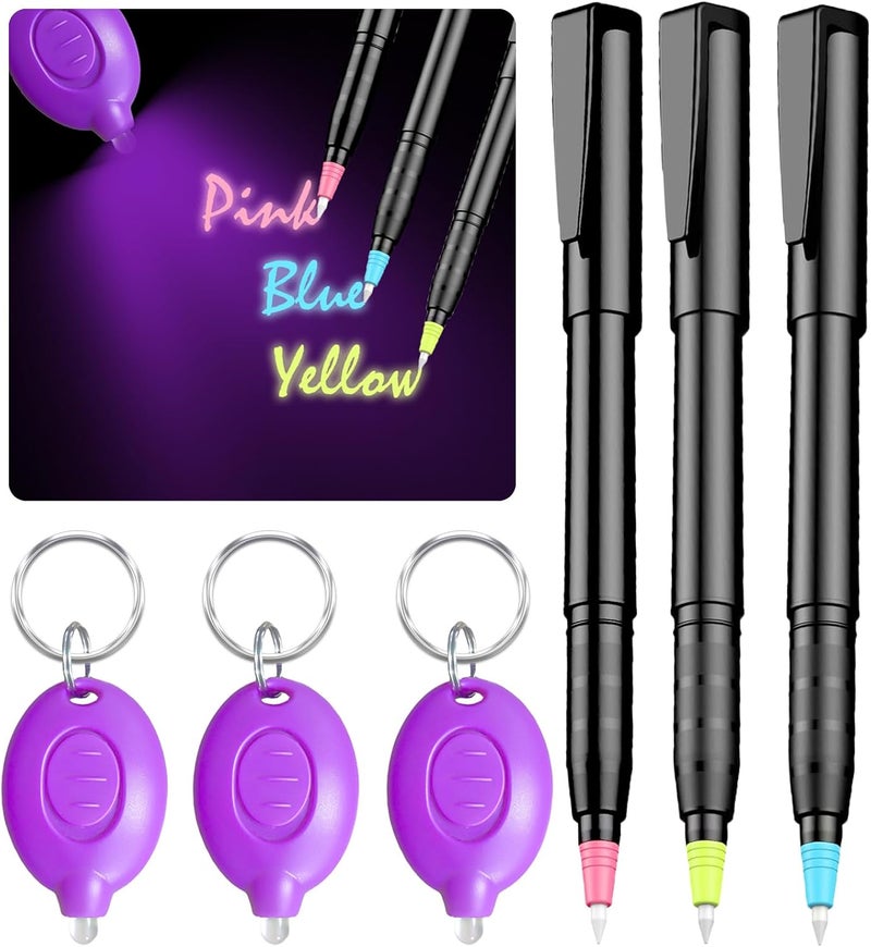 klumuke Invisible Ink Pens with UV Light, Magic Spy Pens with Mini UV LED Keychain Flashlights for Secret Messages, Disappearing Ink Pens with Black Light for Kids, Ideal (3PCS) - Image 1